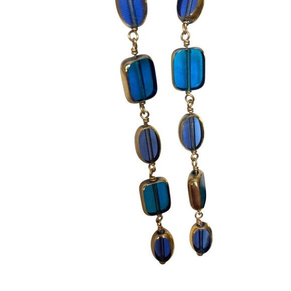 Long Blue Gold Dangle Earrings Clear Glass Ovals Rectangles Statement Elegant - Picture 3 of 6
